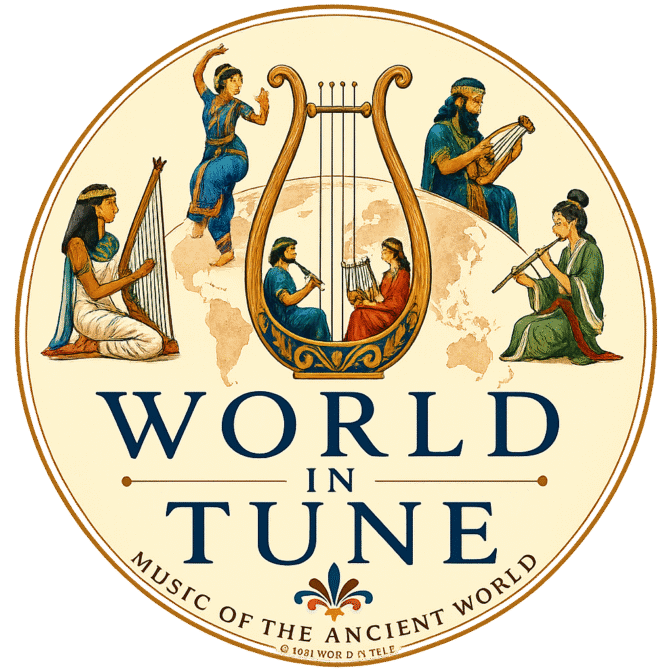 Ancient world music logo featuring traditional instruments and musicians from different cultures.